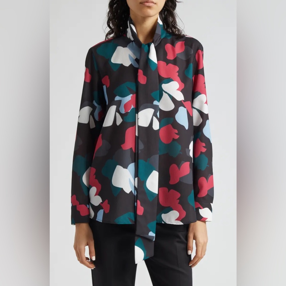 Emporio Armani Black Floral Tie-Neck Blouse with Red, Teal & White Accents